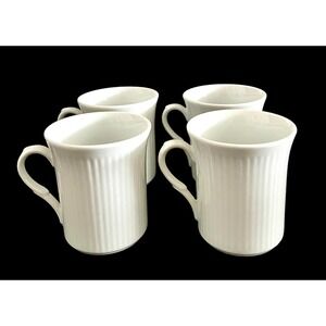 4 Vintage Lillian Vernon‎ White Ribbed Embossed Mugs Set Porcelain Handled Cups